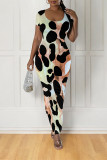 Multicolor Casual Leopard Print Tiger Stripes Contrast O Neck Printed Short Sleeve Dress
