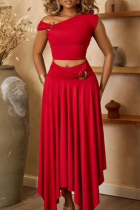 Red Sexy Solid Color Patchwork Irregular Hem Asymmetrical Collar Sleeveless Two Pieces