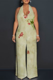 Orange Casual Floral Print Pocket Lace Up Backless Halter Loose Jumpsuits