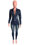 Deep Blue Casual Daily Solid Color Buttons Turndown Collar Long Sleeve High Waist Bodycon Denim Jumpsuits