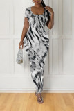 Multicolor Casual Leopard Print Tiger Stripes Contrast O Neck Printed Short Sleeve Dress