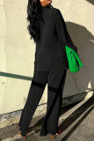 Black Casual Daily Solid Color Buttons Turndown Collar Long Sleeve Two Pieces