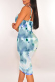 Blue White Sexy Casual Tie Dye Print Gradient Contrast V Neck Printed Dresses