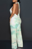 Orange Casual Floral Print Pocket Lace Up Backless Halter Loose Jumpsuits