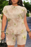Light Green Casual Gradient Print Flowers Contrast O Neck Short Sleeve Two Pieces