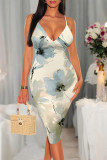 Blue White Sexy Casual Tie Dye Print Gradient Contrast V Neck Printed Dresses