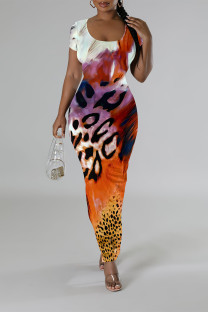 Orange Casual Leopard Print Tiger Stripes Contrast O Neck Printed Short Sleeve Dress