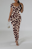Multicolor Casual Leopard Print Tiger Stripes Contrast O Neck Printed Short Sleeve Dress