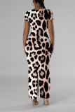 Multicolor Casual Leopard Print Tiger Stripes Contrast O Neck Printed Short Sleeve Dress
