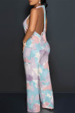 Orange Casual Floral Print Pocket Lace Up Backless Halter Loose Jumpsuits