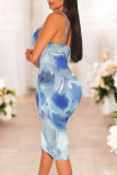 Blue White Sexy Casual Tie Dye Print Gradient Contrast V Neck Printed Dresses