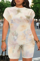 Light Pink Casual Gradient Print Flowers Contrast O Neck Short Sleeve Two Pieces