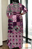 Rose Purple Casual Graffiti Print Lace Up Contrast V Neck Printed Plus Size Dresses