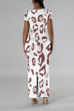 Multicolor Casual Leopard Print Tiger Stripes Contrast O Neck Printed Short Sleeve Dress