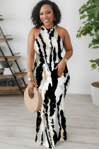 Black And White Sexy Floral Print Hollow Out Contrast O Neck Printed Dresses