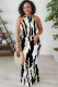 Black And White Sexy Floral Print Hollow Out Contrast O Neck Printed Dresses