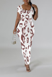 Multicolor Casual Leopard Print Tiger Stripes Contrast O Neck Printed Short Sleeve Dress