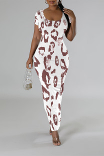 White Casual Leopard Print Tiger Stripes Contrast O Neck Printed Short Sleeve Dress