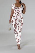 White Casual Leopard Print Tiger Stripes Contrast O Neck Printed Short Sleeve Dress White Casual Leopard Print Tiger Stripes Contrast O Neck Printed Short Sleeve Dress