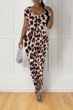 Multicolor Casual Leopard Print Tiger Stripes Contrast O Neck Printed Short Sleeve Dress