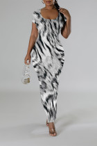 Gray White Casual Leopard Print Tiger Stripes Contrast O Neck Printed Short Sleeve Dress