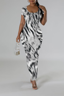 Gray White Casual Leopard Print Tiger Stripes Contrast O Neck Printed Short Sleeve Dress