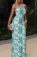 Green Sexy Print Patchwork Flower Shape Halter Long Dresses