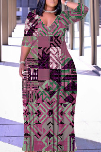 Rose Purple Casual Graffiti Print Lace Up Contrast V Neck Printed Plus Size Dresses