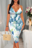 Blue White Sexy Casual Tie Dye Print Gradient Contrast V Neck Printed Dresses