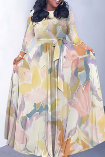 Beige Elegant Floral Print Gradient Lace Up O Neck Printed Dresses