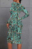 Turquoise Casual Floral Print Gradient Contrast O Neck Printed Dresses