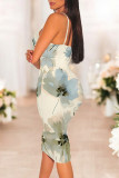 Blue White Sexy Casual Tie Dye Print Gradient Contrast V Neck Printed Dresses