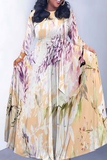 Orange Elegant Floral Print Gradient Lace Up O Neck Printed Dresses