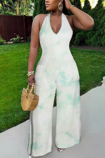 White Green Casual Floral Print Pocket Lace Up Backless Halter Loose Jumpsuits