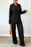 Black Casual Daily Solid Color Buttons Turndown Collar Long Sleeve Two Pieces