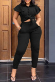 Black Casual Sportswear Solid Color Buttons Belted Turndown Collar Short Sleeve Two Pieces
