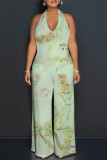 Orange Casual Floral Print Pocket Lace Up Backless Halter Loose Jumpsuits