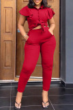 Black Casual Sportswear Solid Color Buttons Belted Turndown Collar Short Sleeve Two Pieces