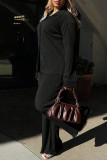 Black Casual Daily Solid Color Buttons Turndown Collar Long Sleeve Two Pieces