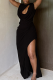 Black Elegant Solid Color Hollow Out Slit Ruched O Neck Long Dresses