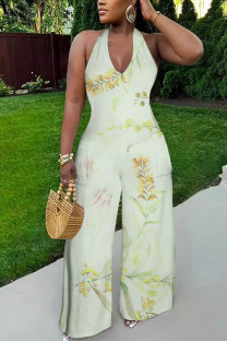 Light Green Casual Floral Print Pocket Lace Up Backless Halter Loose Jumpsuits