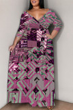 Rose Purple Casual Graffiti Print Lace Up Contrast V Neck Printed Plus Size Dresses