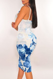 Blue White Sexy Casual Tie Dye Print Gradient Contrast V Neck Printed Dresses