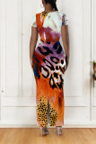Multicolor Casual Leopard Print Tiger Stripes Contrast O Neck Printed Short Sleeve Dress
