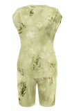 Light Green Casual Gradient Print Flowers Contrast O Neck Short Sleeve Two Pieces