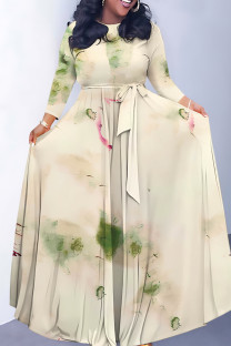Apricot Elegant Floral Print Gradient Lace Up O Neck Printed Dresses