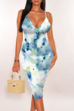 Blue White Sexy Casual Tie Dye Print Gradient Contrast V Neck Printed Dresses