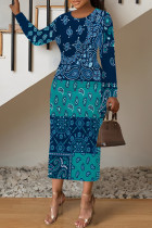 Turquoise Casual Geometric Print Contrast O Neck Printed Dresses