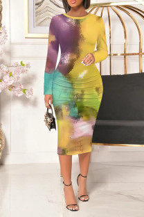 Yellow Casual Floral Print Gradient Contrast O Neck Printed Dresses