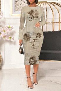 Light Coffee Casual Floral Print Gradient Contrast O Neck Printed Dresses